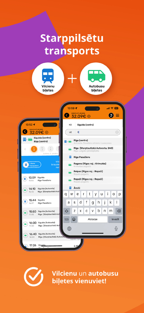 Mobilly - Mobilly app interface for purchasing intercity train and bus tickets in the Baltics