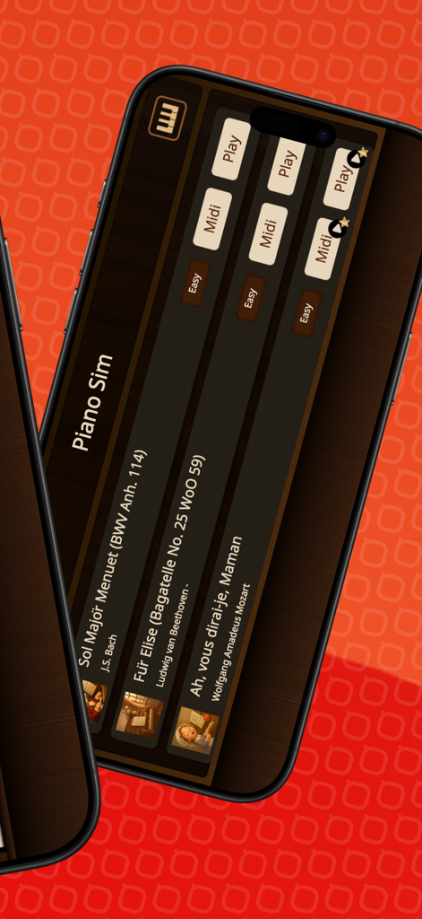 Song selection screen in Piano Sim featuring classical music by Bach and Beethoven.