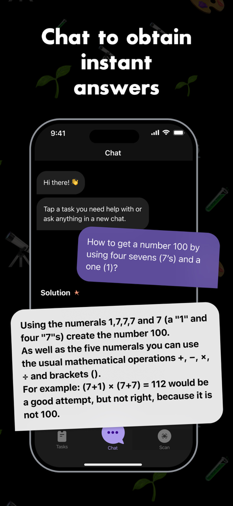 Homework Helper: Scan & solve - Interface de chat de l'application Aide aux devoirs montrant un assistant IA résolvant un puzzle logique mathématique avec une explication étape par étape