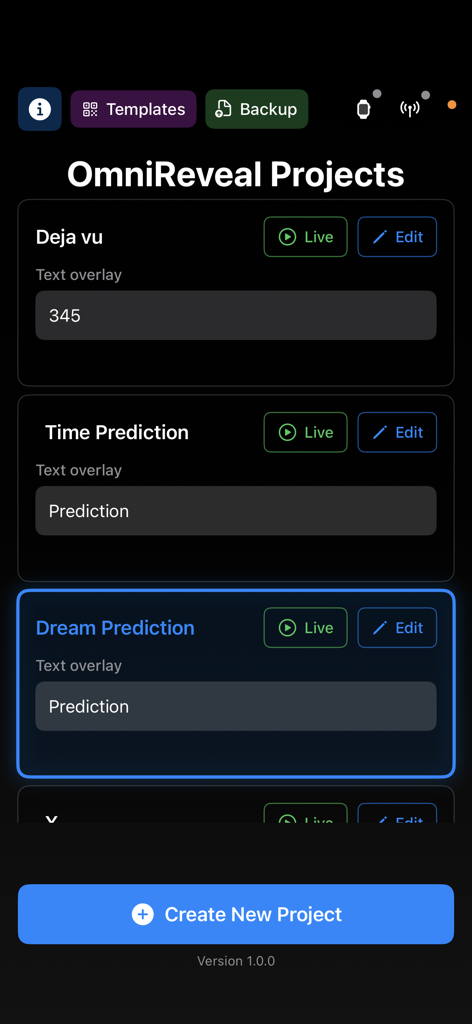 OmniReveal - Dashboard of the OmniReveal magic app displaying a list of prediction projects including Deja vu and Time Prediction
