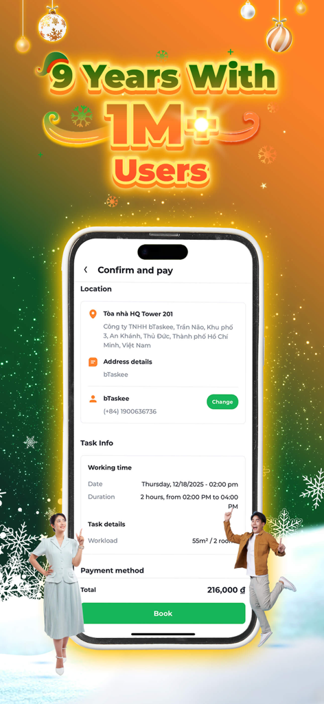 bTaskee - Home Services - bTaskee Mobile App mit der Buchungsbestätigung und dem Zahlungsbildschirm für einen Hausreinigungsdienst