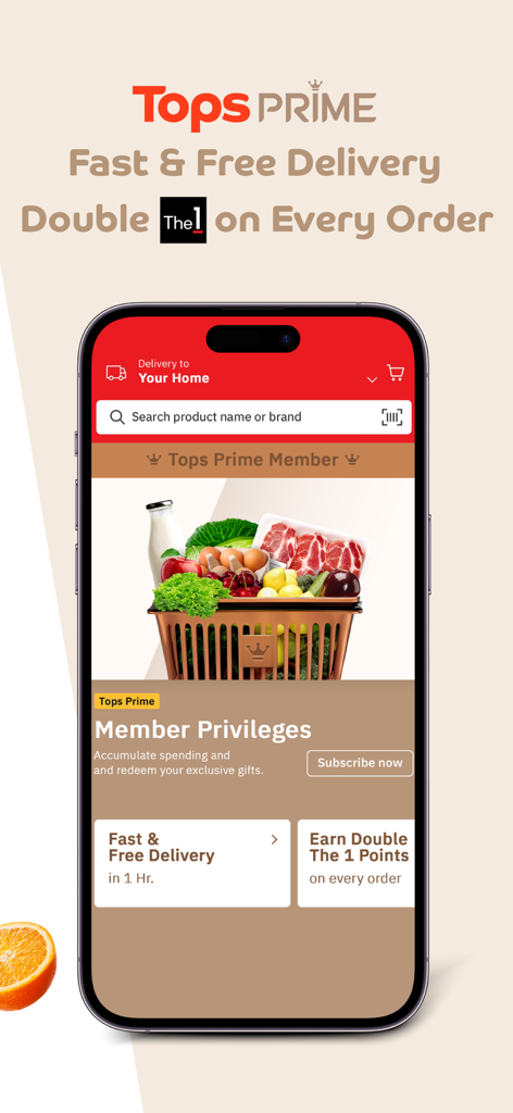 Smartphone screen of Tops Online app highlighting Tops Prime membership benefits including fast delivery and loyalty points