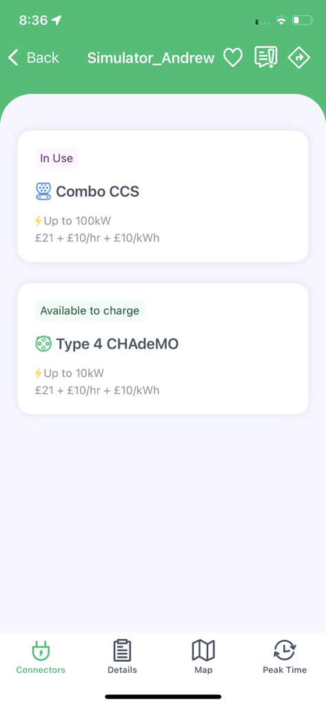 ePower EV Charging - A mobile interface showing electric vehicle connector availability for Combo CCS and Type 4 CHAdeMO with power output and pricing details