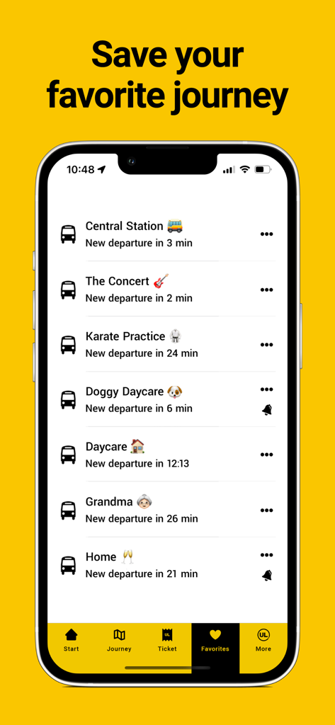 UL-App-Favoritenbildschirm mit gespeicherten Transitrouten und bevorstehenden Abfahrtszeiten