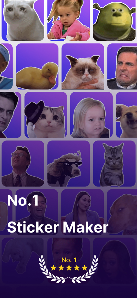 Sticker by Sticker Maker - A collection of popular meme stickers including grumpy cat and famous viral faces displayed in a grid layout.