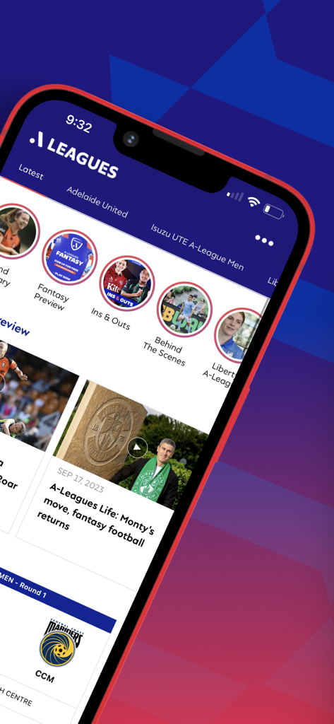 A-Leagues & Clubs Official App - Pantalla de inicio de la aplicación móvil de A-Leagues con noticias de fútbol y previas de fantasía