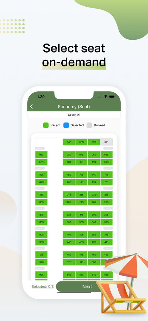 RABTA app seat selection map for Pakistan Railways economy coach