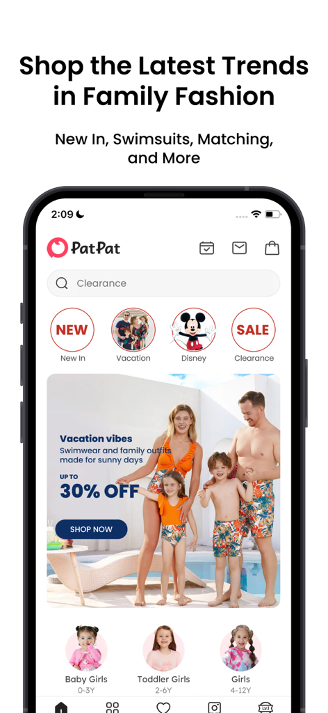 PatPat mobile app home screen showing trendy matching family swimwear and children clothing categories.