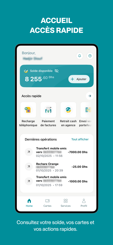 Écran d'accueil de l'application Cash Plus Mobile Wallet affichant le solde et des icônes d'accès rapide.