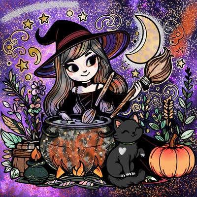 beautiful witch with cat and a cauldron