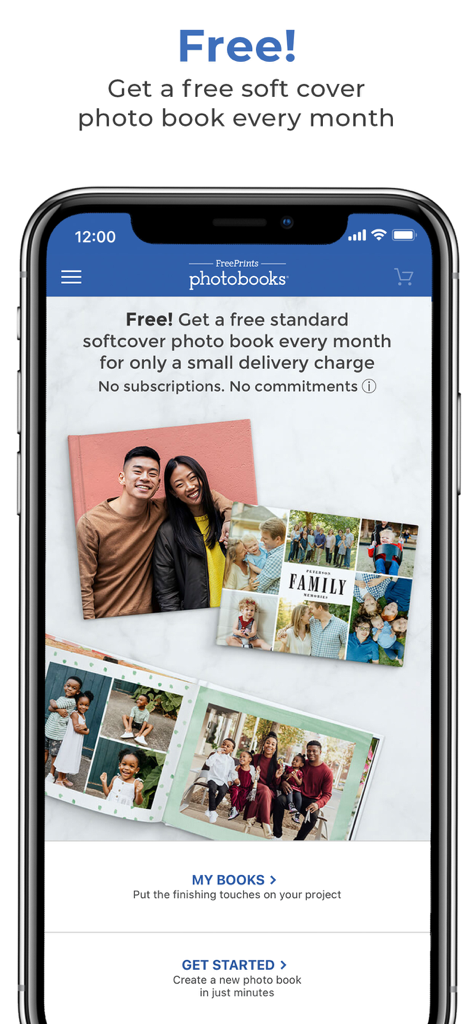 FreePrints Photobooks - The home screen of the FreePrints Photobooks app promoting free monthly photo books