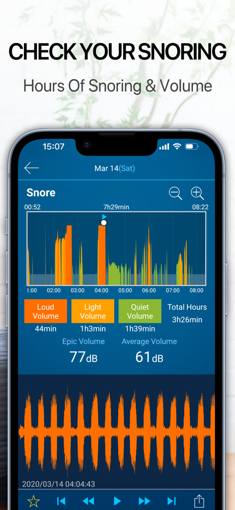 JUKUSUI-Sleep Cycle Alarm - Una pantalla detallada de análisis de ronquidos en la aplicación JUKUSUI que muestra horas de ronquidos y niveles de volumen de sonido.