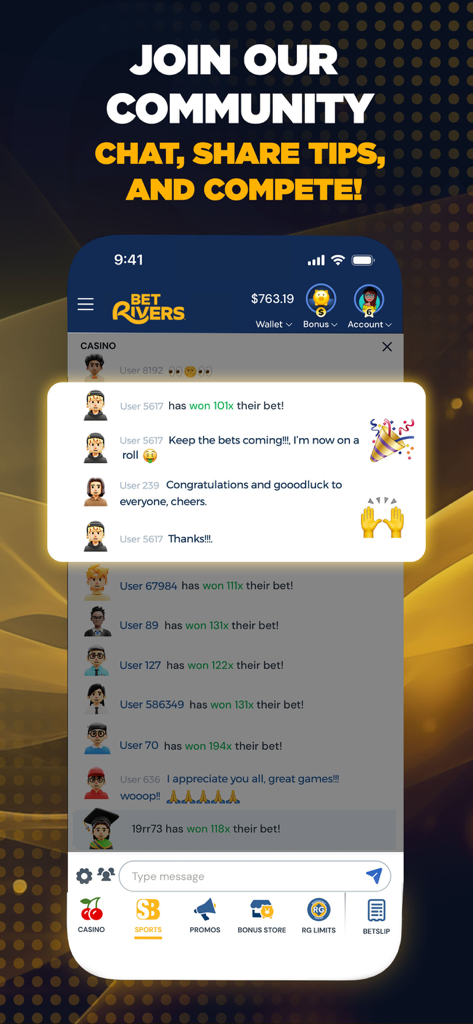 BetRivers: Casino & Sportsbook - BetRivers Community-Chat-Oberfläche, auf der Benutzer Tipps und Spielgewinne teilen.