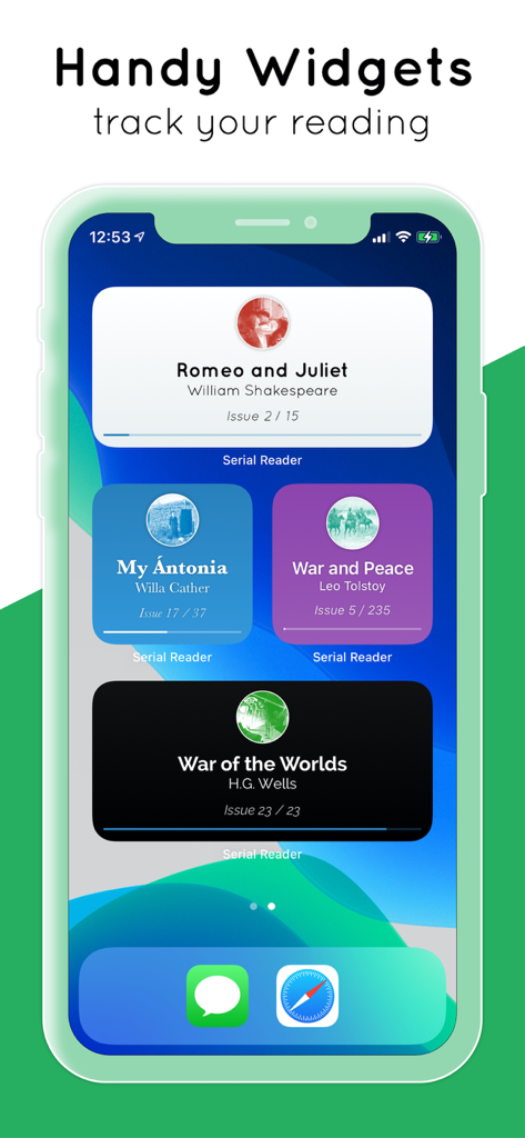 Serial Reader widgets on a smartphone screen showing reading progress for classic books like War and Peace and Romeo and Juliet.