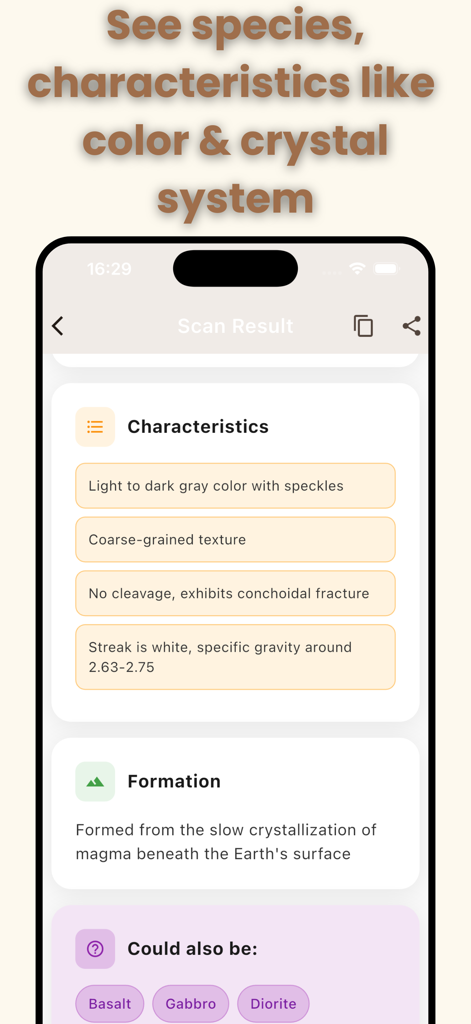 Rock Identifier: AI Scan - Pantalla de aplicación móvil mostrando características detalladas de la roca y detalles de su formación