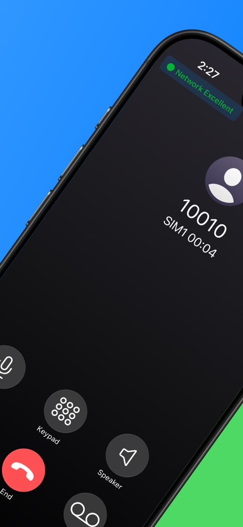 SIMPlus - iPhone screen displaying an active call through the SIMPlus app using SIM1