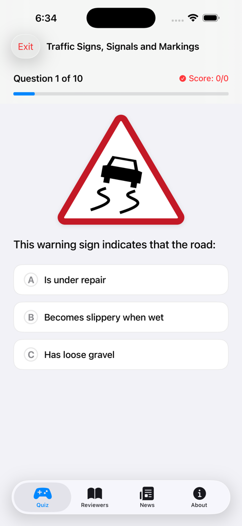LTO Driver's Exam Reviewer - Questão de quiz de sinal de trânsito no aplicativo LTO Drivers Exam Reviewer mostrando um sinal de aviso de estrada escorregadia.