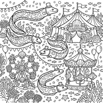 Explore a unique underwater carnival where charming marine eels in top hats host a spectacular show. This delightful coloring page combines the mystery of the deep sea with the joy of a festive fairground.
