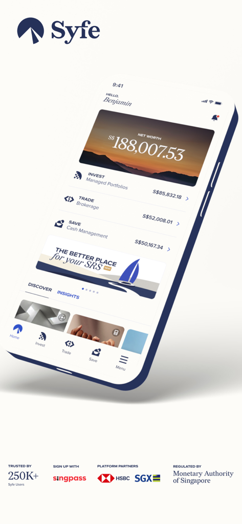 Syfe: Invest, Trade and Save - Syfe mobile app dashboard displaying net worth and investment portfolio categories