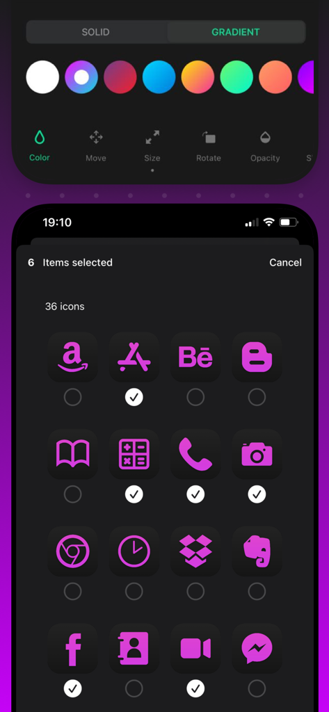 Una pantalla de iThemes que muestra un paquete de iconos estéticos morados y herramientas de edición.