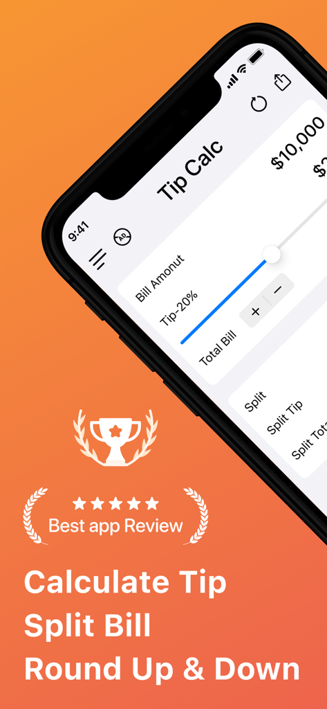 チップ計算機と割り勘アプリのインターフェース。チップ調整スライダーと請求書分割機能が表示されています。