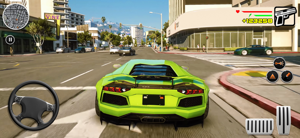 Car Driving Car Simulator Game - A lime green sports car driving through a sunny city street in a third-person mobile simulator game view