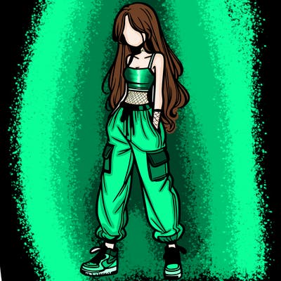 girl in baggy pants crop top and long hair