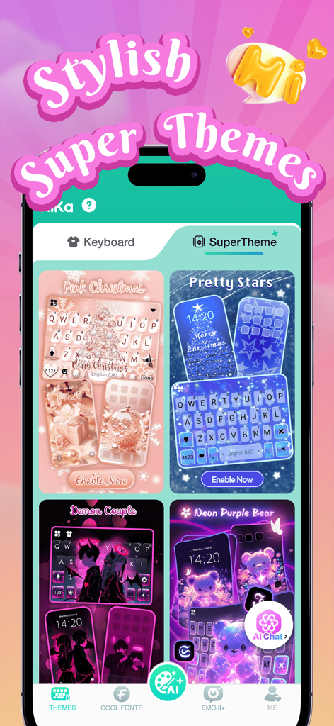 Una interfaz móvil para el Teclado Kika que muestra varios súper temas con estilo como Pink Christmas y Neon Purple Bear.
