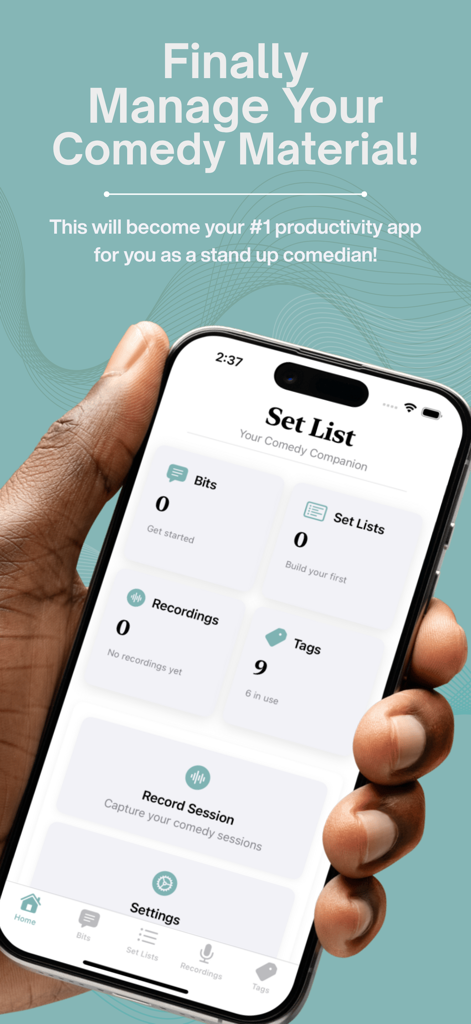 Set List: Standup Manager - Home dashboard of the Set List Standup Manager app on an iPhone showing material management features for comedians