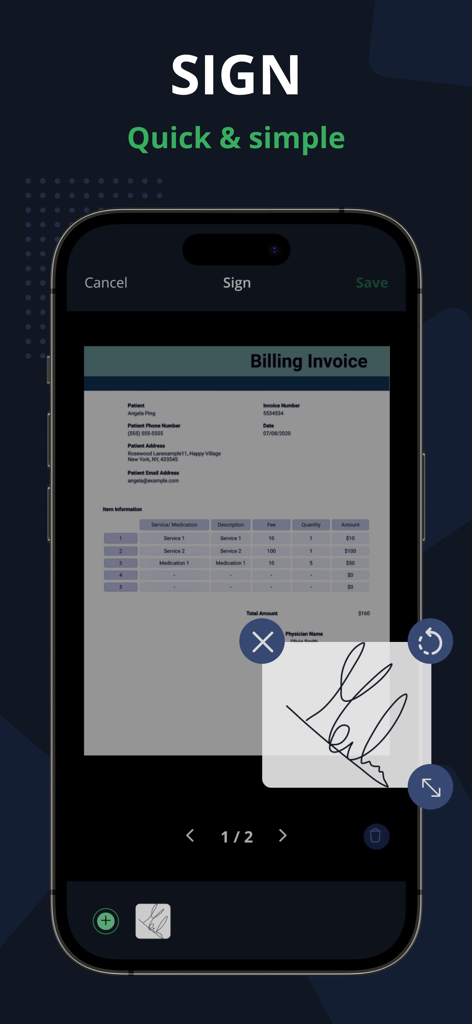 PDF Scanner App - Scan PDF Doc - A smartphone screen displaying the electronic signature tool of the PDF scanner app on an invoice