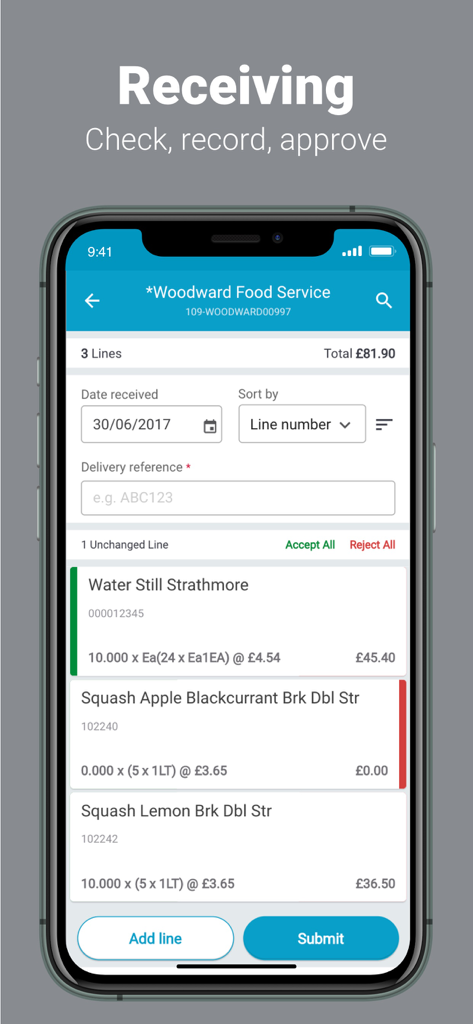 Fourth - Mobile interface of the Fourth app showing the inventory receiving screen for checking and approving deliveries