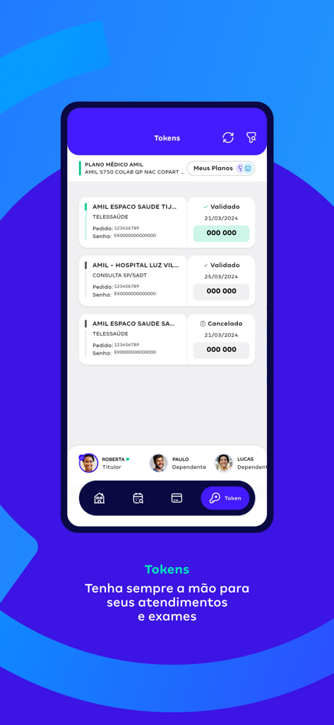 Amil Clientes app interface showing a list of medical authorization tokens for a family health insurance plan