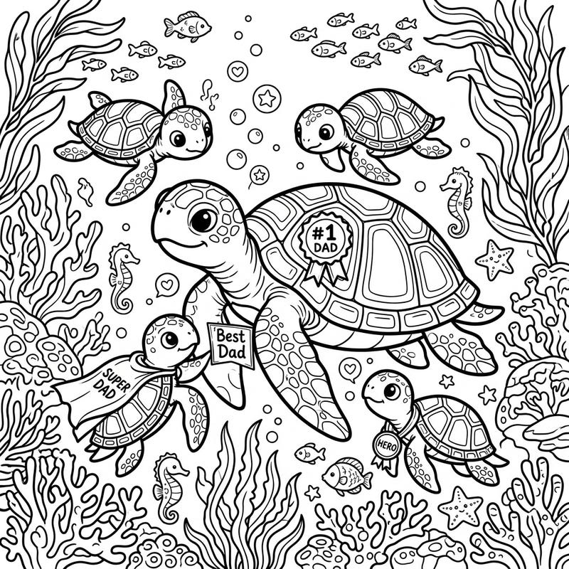 Dive into a heartwarming underwater celebration with this Father's Day sea turtle coloring page. Featuring a proud father turtle and his adorable hatchlings, this scene is perfect for honoring amazing dads.