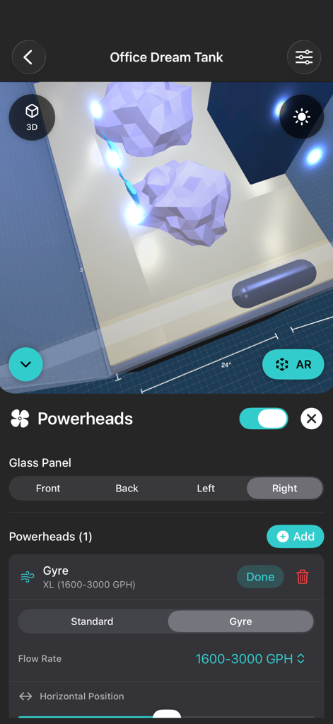 Aquarium Planner ARアプリの3D水槽計画。パワーヘッド機器設定と岩組の可視化を表示します。