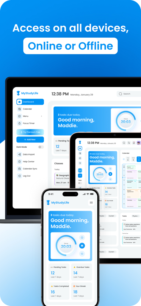 The My Study Life app interface displayed on a laptop, tablet, and smartphone to demonstrate seamless cross-device synchronization.