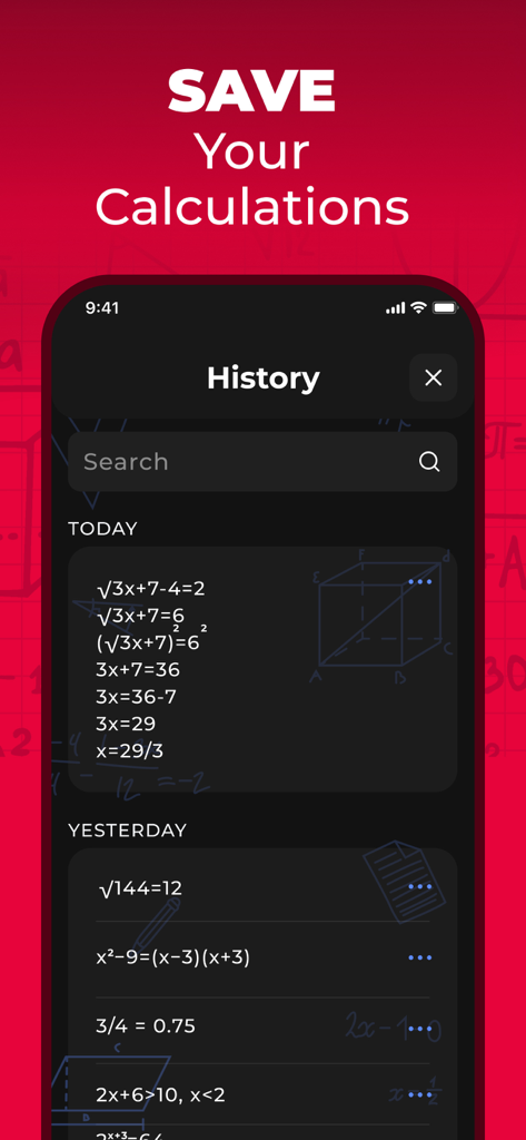 History screen of the Photo Math app showing a list of solved mathematical equations.