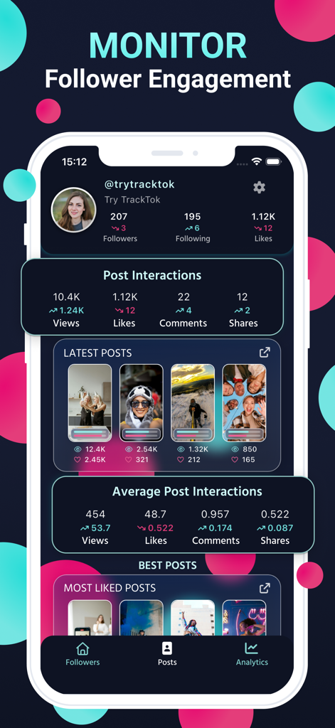 TrackTok app dashboard showing follower engagement and post metrics