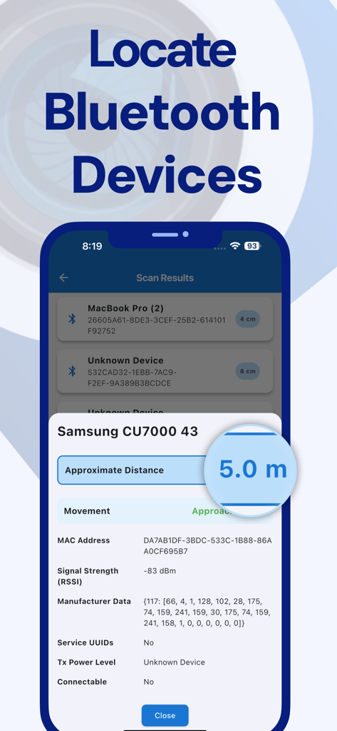 Interfaz de la app SpyFy mostrando resultados de escaneo de dispositivos Bluetooth y medición de distancia.