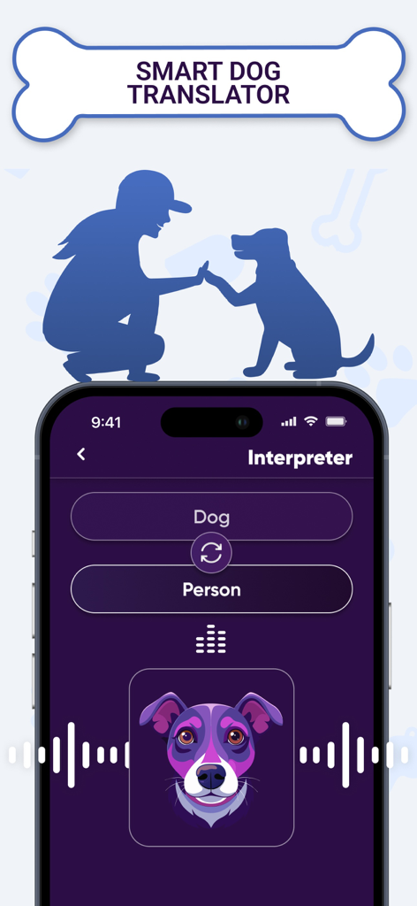 Interface of the Pawfy Dog Translator app showing the dog-to-human interpreter screen with a colorful dog illustration.