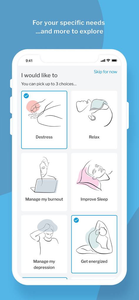 Pantalla de incorporación de la aplicación Yogobe que muestra opciones para seleccionar objetivos de bienestar como aliviar el estrés y mejorar el sueño
