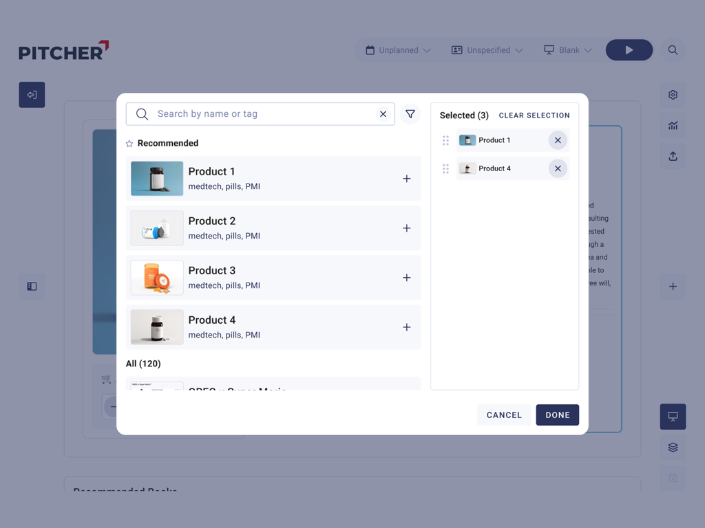 Pitcher CatalogIQ - Digital product catalog search and selection screen in the Pitcher CatalogIQ iPad app