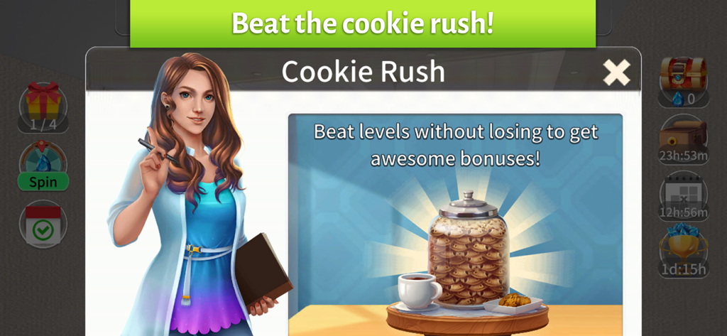 Cookie Rush event screen in Home Designer Makeover Games showing rewards