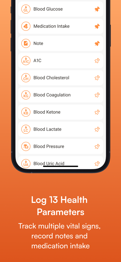 Interface of the MedM Blood Sugar Diary app showing a menu to log thirteen different health parameters like blood glucose and blood pressure