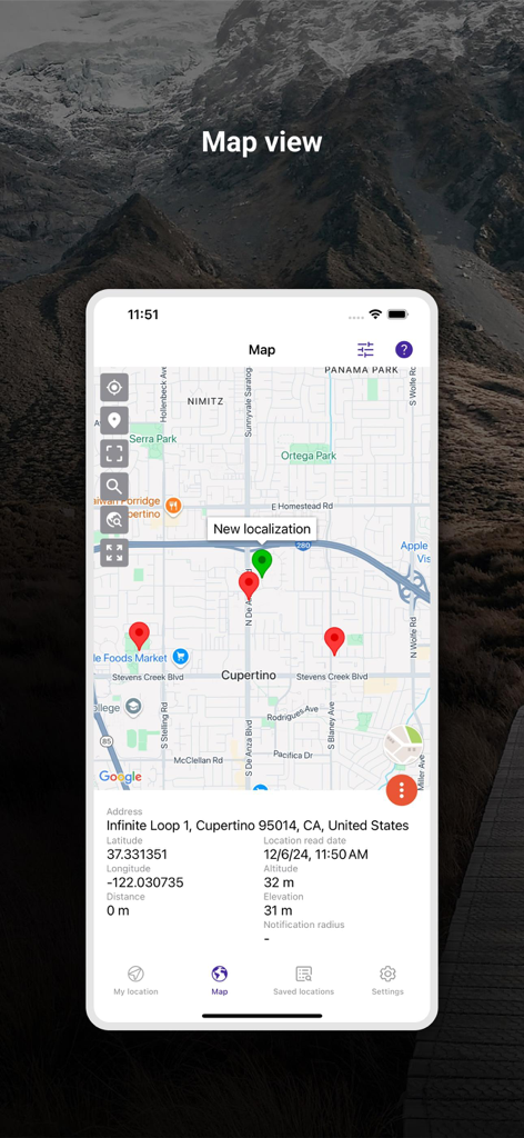 My Altitude and Elevation GPS - Map view of the My Altitude and Elevation GPS app showing pins and detailed location coordinates