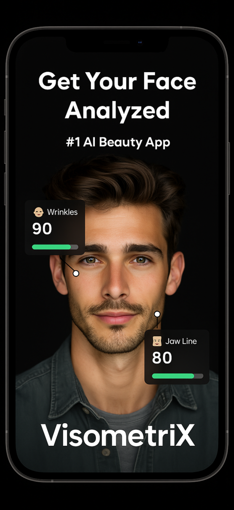 VisometriX: AI Grooming Coach - Interfaz de la aplicación VisometriX mostrando análisis facial IA de un hombre con puntos de datos para la línea de la mandíbula y las arrugas