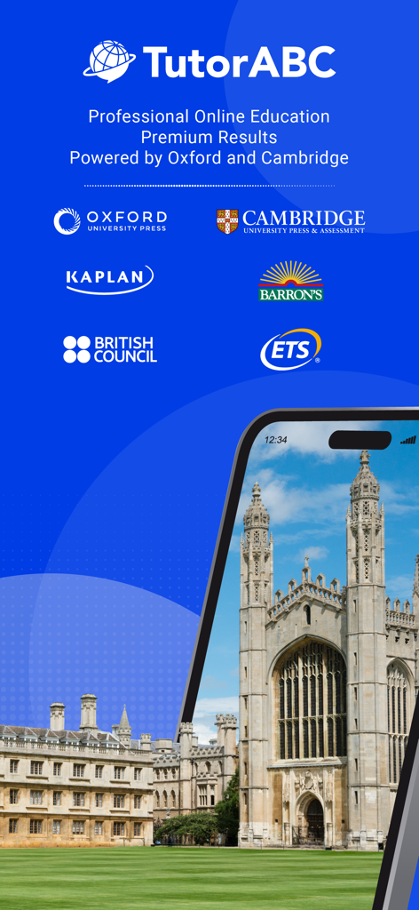 TutorABC app interface showcasing educational partners like Oxford and Cambridge with a prestigious university building in the background.