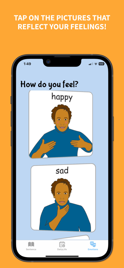 Help me talk - Speech Therapy - A screenshot of the Help me talk app showing visual cards for happy and sad emotions to help children communicate.