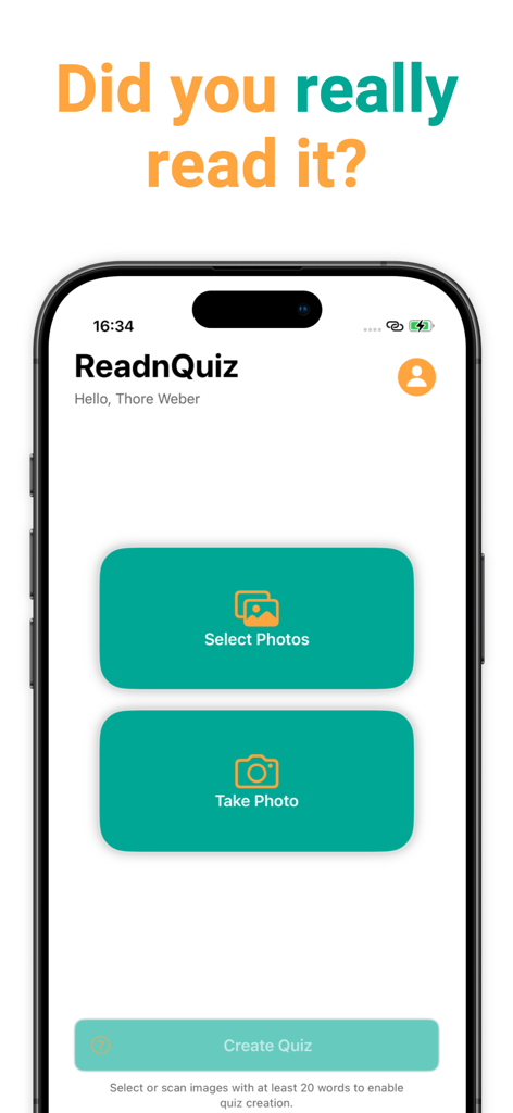 ReadnQuiz mobile application home screen with options to take or select a photo of a book page to generate an AI quiz