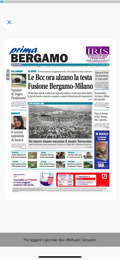 prima Bergamo - Digital replica of the prima Bergamo newspaper front page displayed in the app interface.
