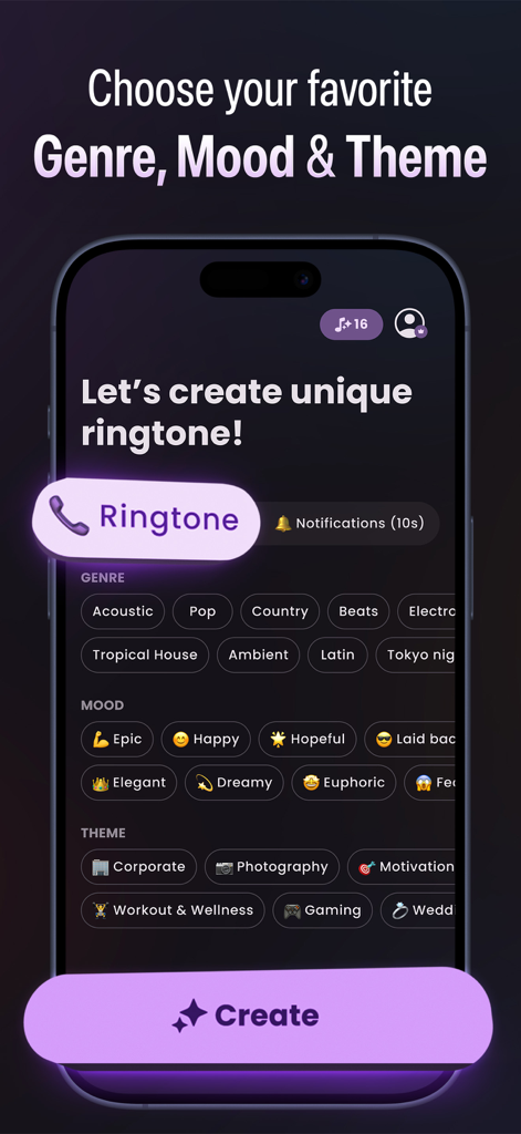 Ai Ringtone Generator: RingLab - AI ringtone generator app screen with options to choose genre mood and theme for custom sounds
